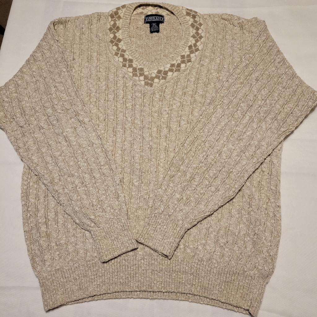 Lands' End Beige Cable Knit Sweater Linen Cotton Blend Size Xl